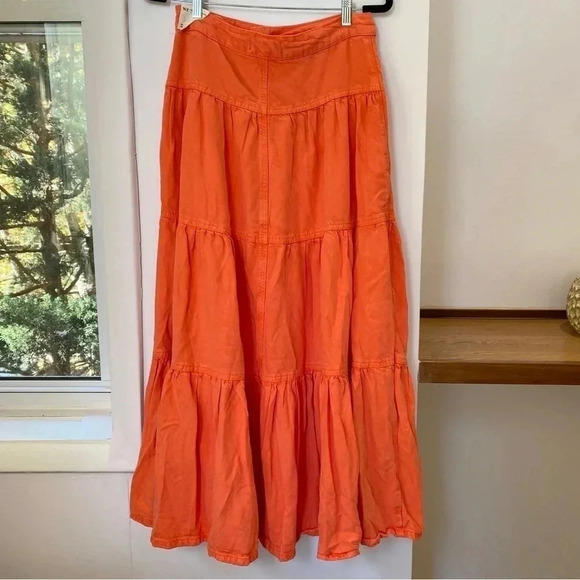 NWT Free People Dreamweaver Maxi Skirt Denim Jean Tiered High Rise Orange - Picture 10 of 16
